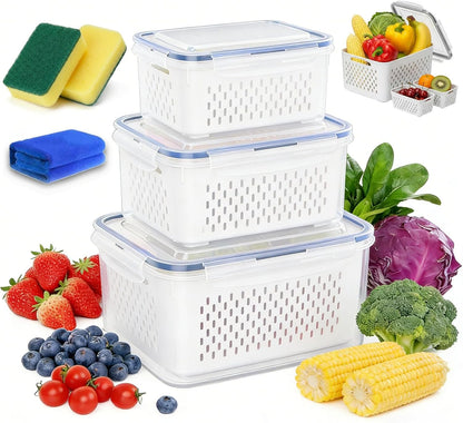 Fruit Storage Containers for Fridge with Removable Colanders, Household Transparent Plastic Food Storage Box-Including Drain Basket, 4 in 1 Food Storage Container, Vegetable Storage (Gray, S+M+L)