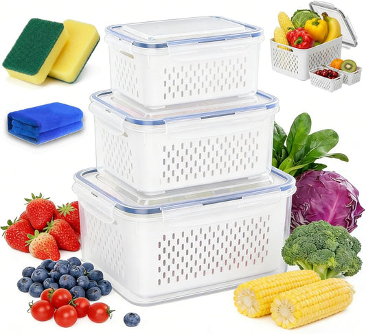 Fruit Storage Containers for Fridge with Removable Colanders, Household Transparent Plastic Food Storage Box-Including Drain Basket, 4 in 1 Food Storage Container, Vegetable Storage (Gray, S+M+L)