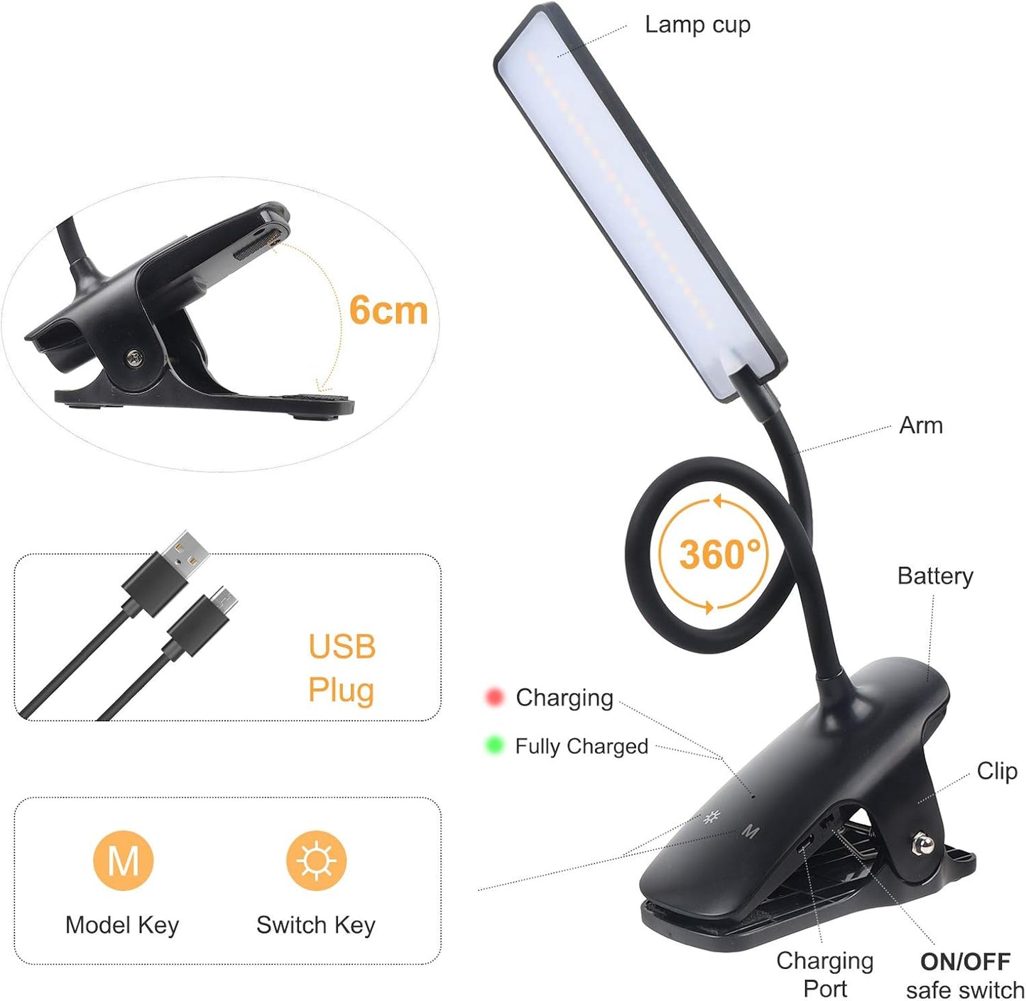 LED Reading Light with Clip USB Rechargeable Book Lights, 24 LEDs Flexible Neck Night Bed Lamp, Touch Control Portable Clamp Desk Lamps for Bed Headboard, Computers -Black