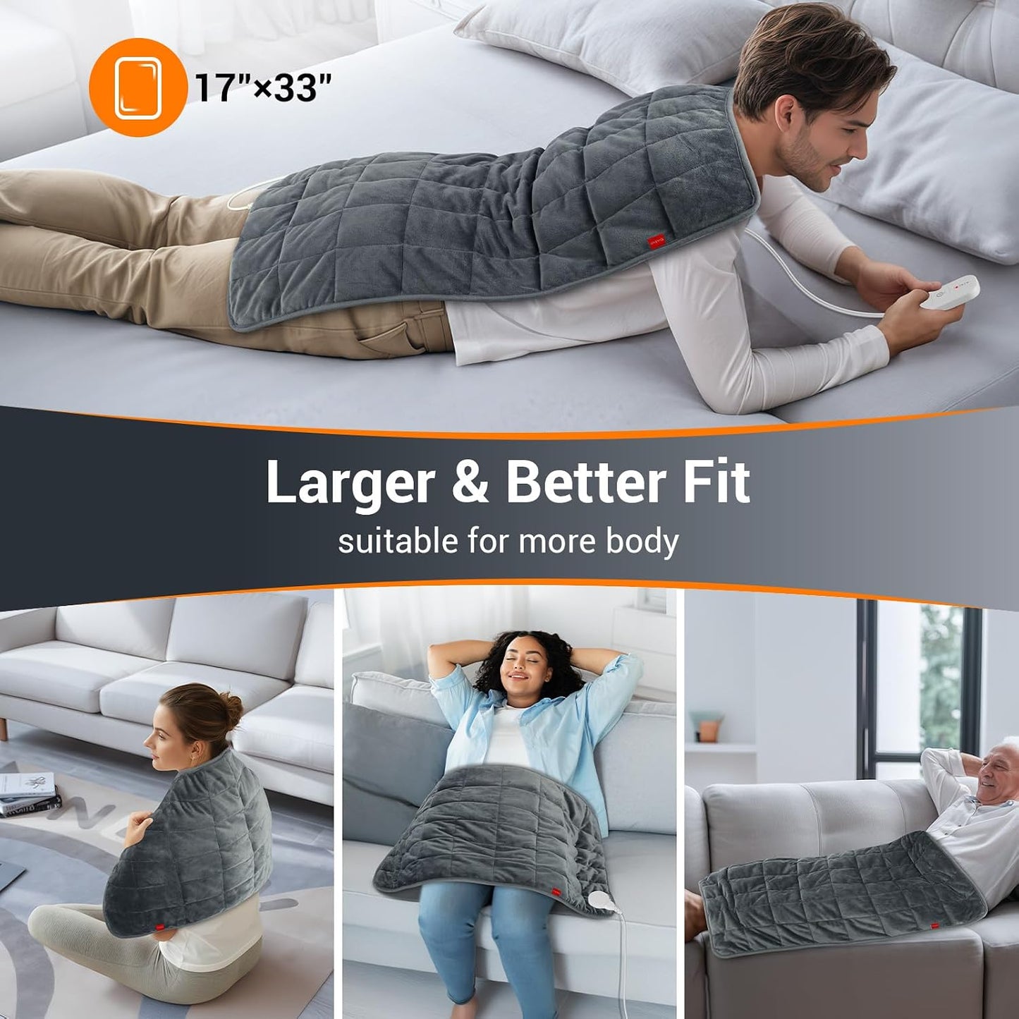 Comfytemp Weighted Large Heating Pad 17"×33" for Back & Period, FSA Eligible Far Infrared Electric Heat Pad, Fathers Day Gift for Dad Men, HSA King Size Heated Pad with Evenly Filling Ceramic Bead
