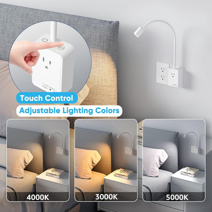 Plug in LED Book Reading Spot Light, White Dimmable Wall Sconce Lamp with Power Plug and Outlet Extender for Kitchen Bedroom Living Room, 3 Lighting Colors, USB Output Charging Ports