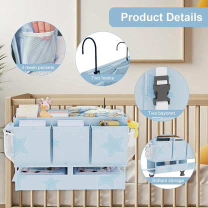 homyfort Bedside Caddy Organizer, Dual-Purpose Bedside Storage with Power Strip Holder, Versatile Bed Caddy with 11 Pockets for Bunk Bed, College Dorm, Home, Hospital, Fits Phones, Books, Blue