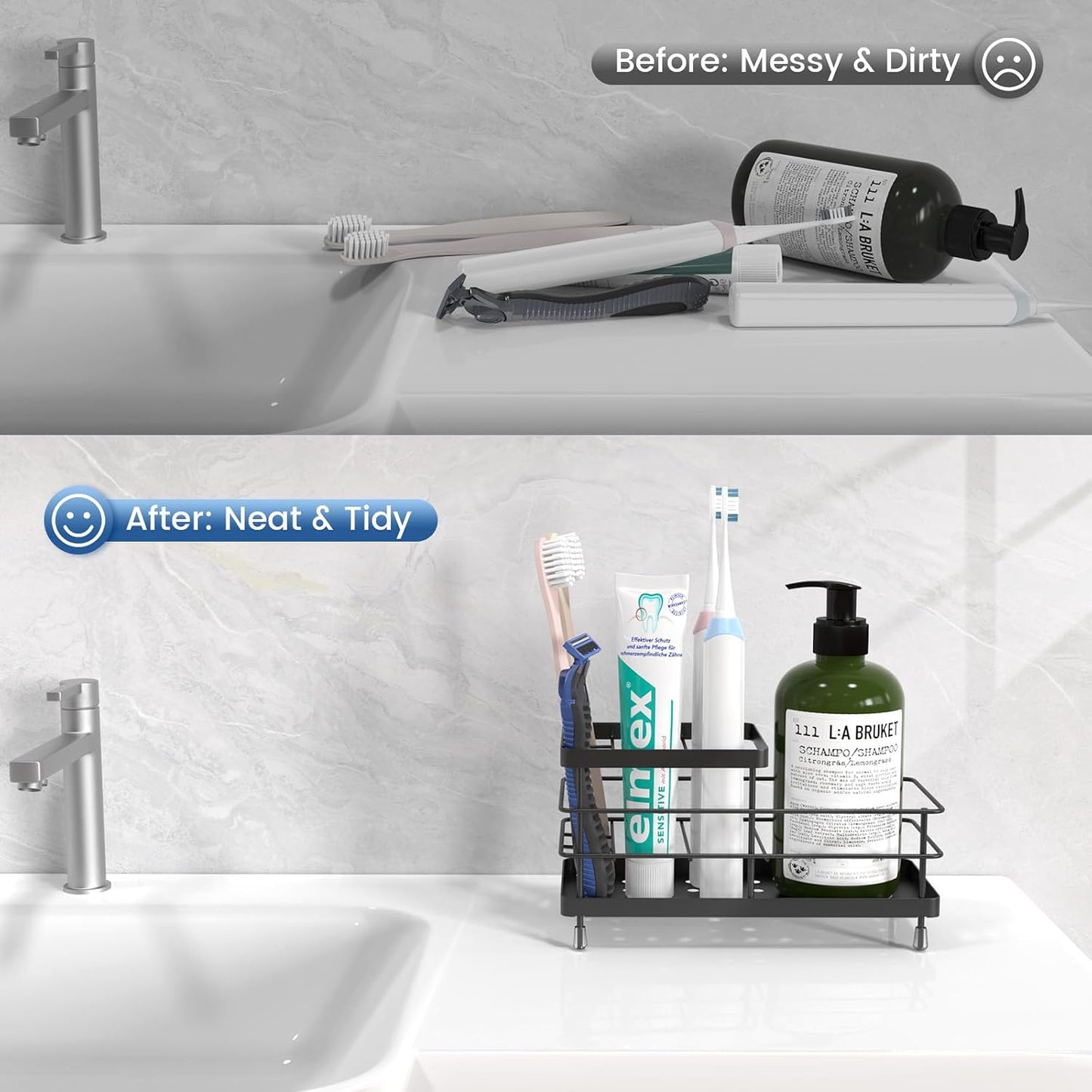 Luxspire Toothbrush Holders for Bathroom, Stainless Steel, 6 Slots, Black | Toothbrush Holders With Drainage, For Bathroom Countertop & Kitchen Sink, Bathroom Accessories
