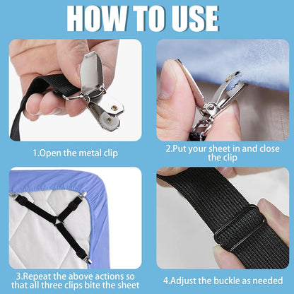 8 Pcs Adjustable Bed Sheet Holder Strap Clip Heavy Duty Elastic | Fitted Sheet Keeper Mattress Fastener Grip Non Slip Bedding Accessory