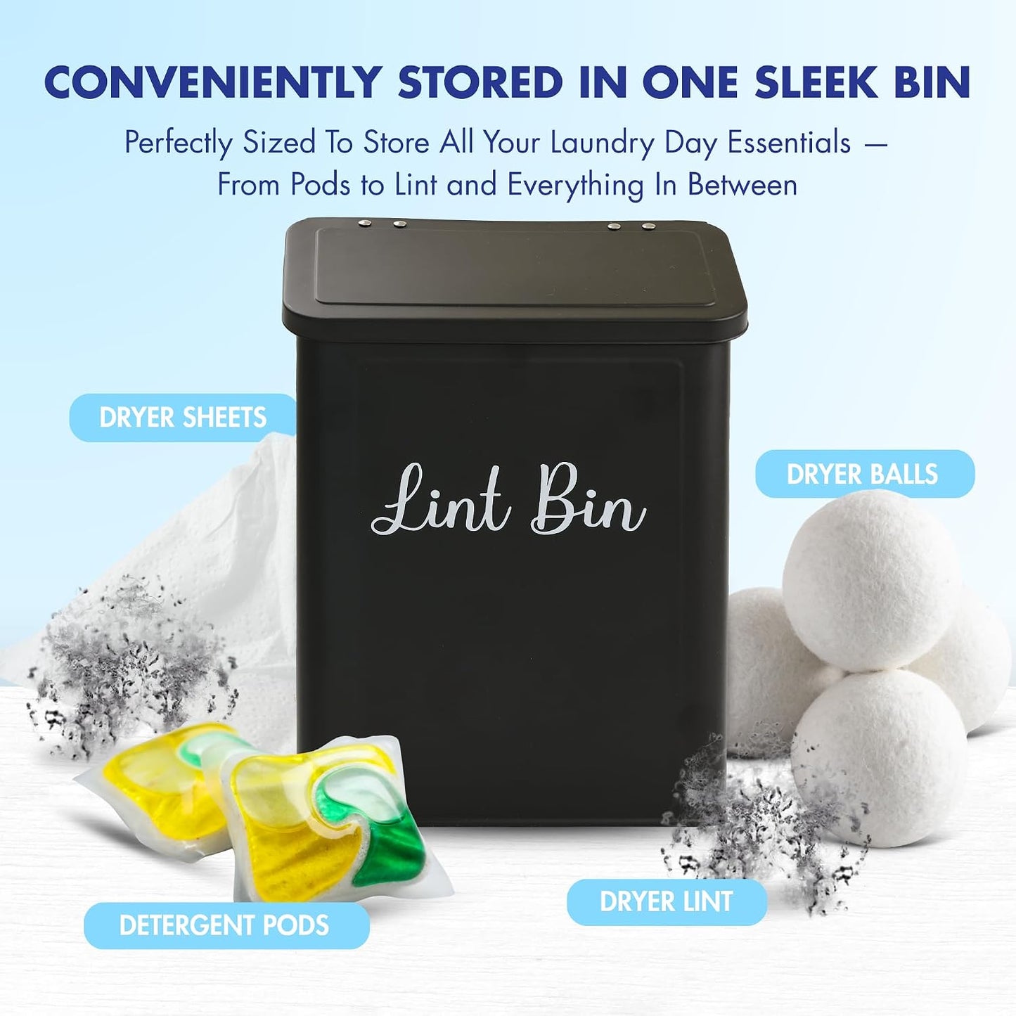 Magnetic Lint Bin for Laundry Room – Black Metal Lint Holder with Lid – Wall Mount & Magnetic Trash Can – Modern Farmhouse Style for Laundry Room Organization and Storage