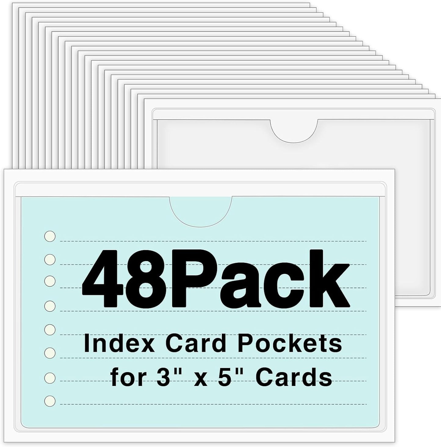 36 Pack 3" x 5" Adhesive Index Card Holders Clear PVC Label Holders | Top-loading label pockets, removable adhesive, clear PVC, for bins, shelves, totes, library and office use