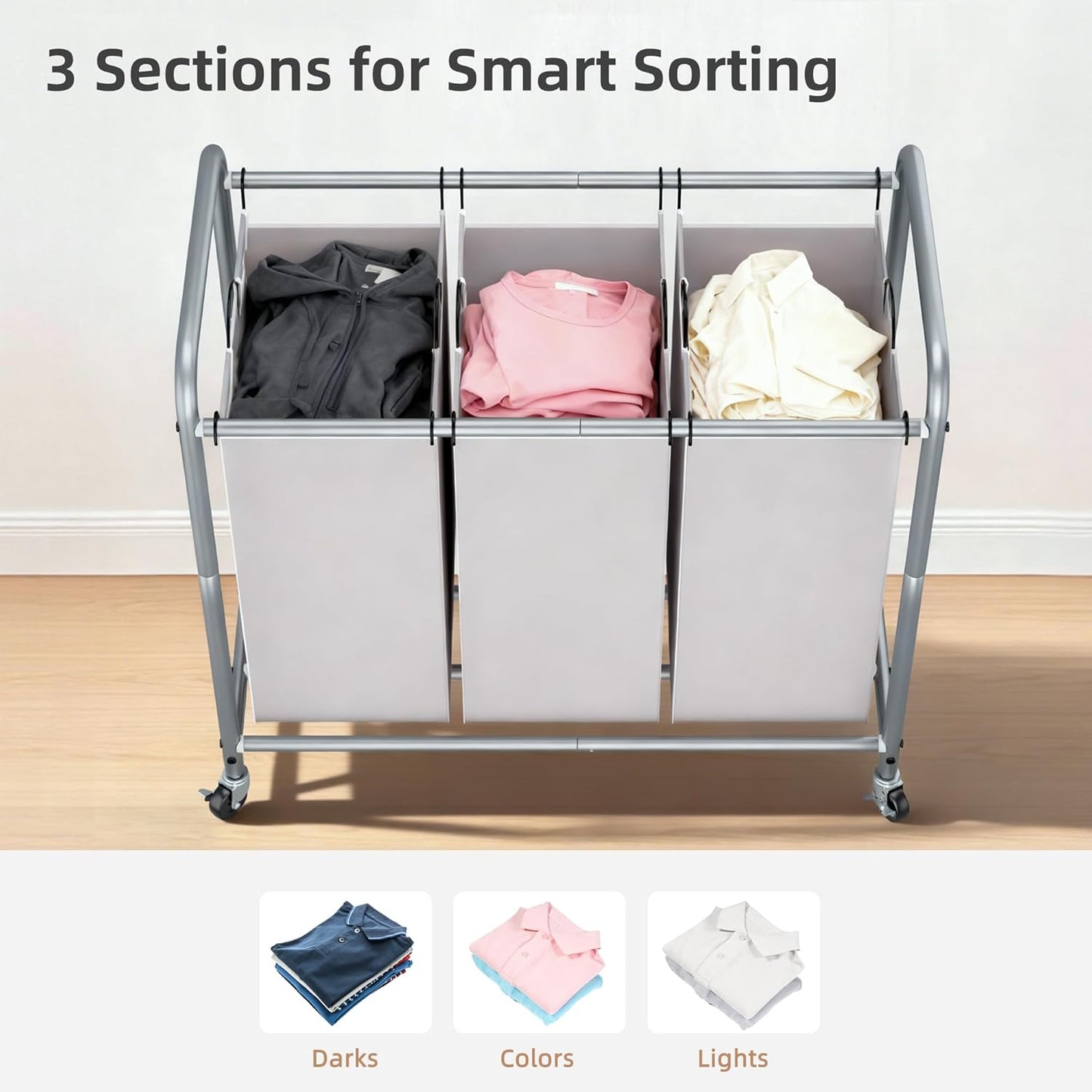STORAGE MANIAC 3 Section Laundry Sorter, 35.6 Gal (135 L) Laundry Hamper Cart with Heavy Duty Rolling Lockable Wheels and Removable Bags, Clothes Organizer Basket Separator Hamper, Gray