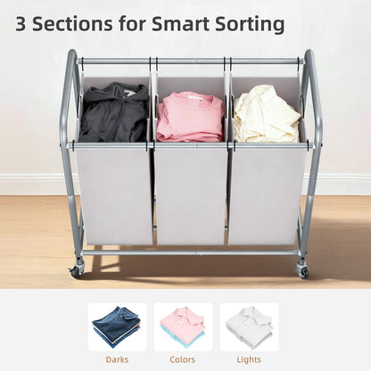 STORAGE MANIAC 3 Section Laundry Sorter, 35.6 Gal (135 L) Laundry Hamper Cart with Heavy Duty Rolling Lockable Wheels and Removable Bags, Clothes Organizer Basket Separator Hamper, Gray