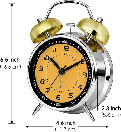 4.5" Metal Loud Alarm Clock for Heavy Sleepers Adults, Analog Battery Operated Alarm Clock with Bells Glow in Dark Numbers, Silent Old School Bedside Desk Clock for Bedroom Office Kids, Black
