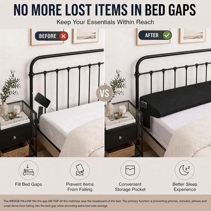 Twin Bed Wedge Pillow for Headboard Gap/Bed Gap Filler Black | Long Triangle Corner Pillows with Pockets,Dense Foam,Pillow Prevents Stuff Drops, Between Twin Mattress and Frames Home Decor