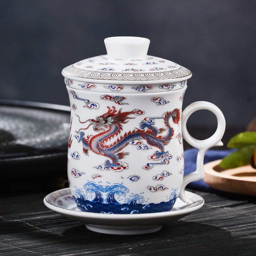 Porcelain Tea Cup with Infuser Lid and Saucer Sets - Chinese Jingdezhen Ceramics Coffee Mug Teacup Loose Leaf Tea Brewing System for Home Office