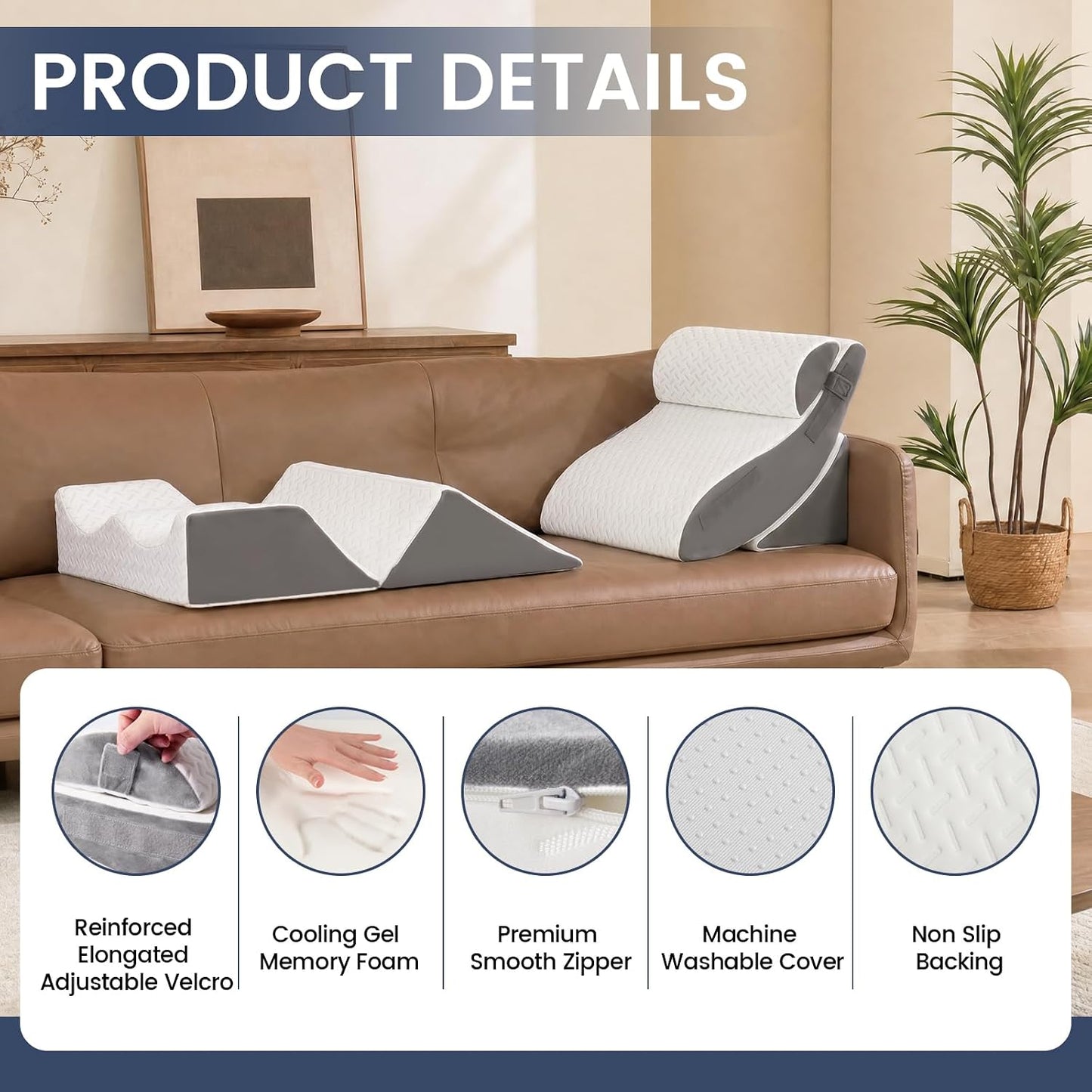 5PCS Wedge Pillow Set for After Surgery, Adjustable Orthopedic Foam Bed Wedge Pillow for Acid Reflux, GERD & Heartburn Relief, Back & Leg Elevation Support for Sleeping & Sitting Up, White Grey