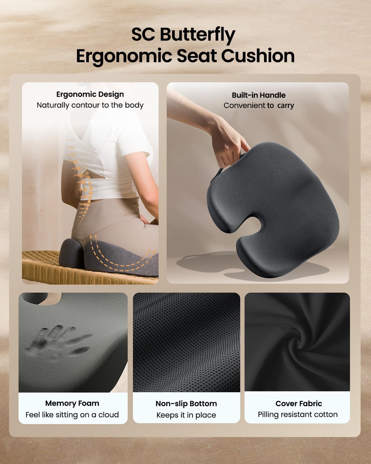 ProtoArc Seat Cushion, Office Chair Cushion for Sciatica, Black | Coccyx Cushion, Ergonomic Memory Foam Seat Cushion for Car, Home, Pressure Relief Pad for Hip, Tailbone, All Day Comfort