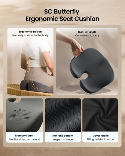 ProtoArc Seat Cushion, Office Chair Cushion for Sciatica, Black | Coccyx Cushion, Ergonomic Memory Foam Seat Cushion for Car, Home, Pressure Relief Pad for Hip, Tailbone, All Day Comfort