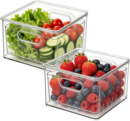 2 Pcs Transparent PET Fruit Draining, Washing Colander Food Storage Boxes, Plastic Cookie Containers, Refrigerator Organizers for Kitchen, Pantry, Vegetables, Fruits(2 Square)