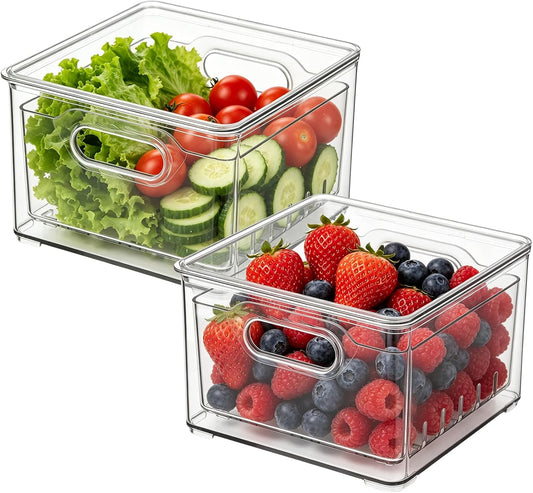 2 Pcs Transparent PET Fruit Draining, Washing Colander Food Storage Boxes, Plastic Cookie Containers, Refrigerator Organizers for Kitchen, Pantry, Vegetables, Fruits(2 Square)