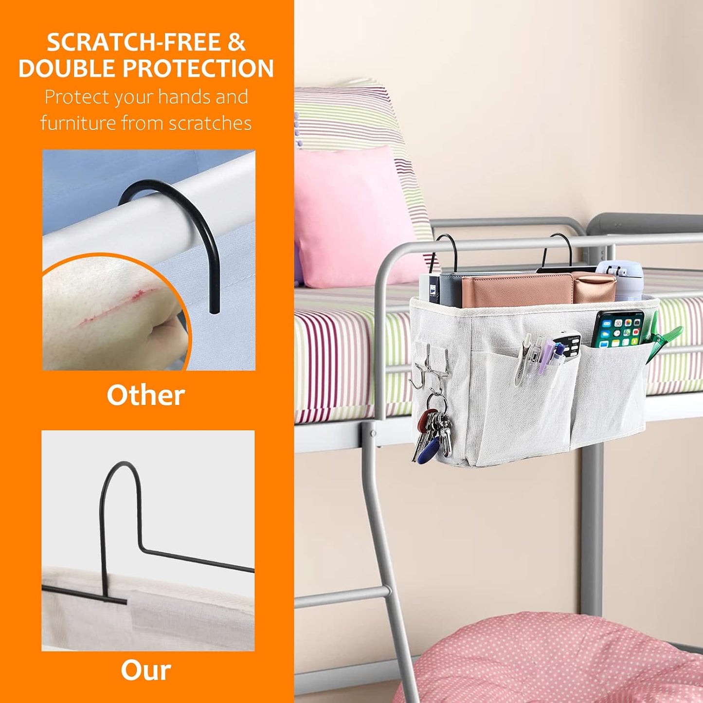 Surblue Bedside Caddy Bedside Storage Bag Hanging Organizer for Bunk, Hospital Beds, Dorm Rooms Bed Rails Camp 4 Pockets and 2 Hooks (Skyblue)