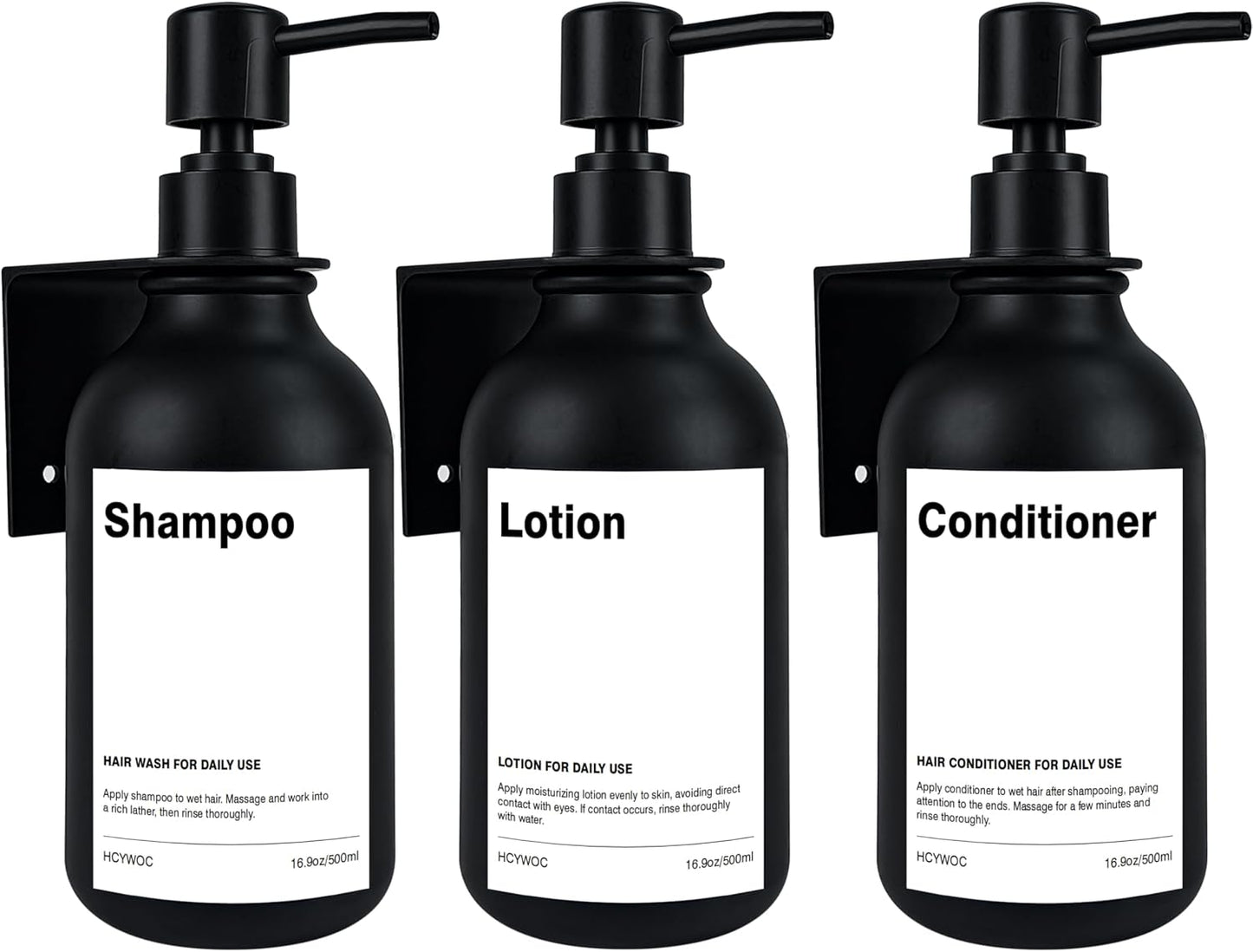 3 Pack Wall Mount Shower Dispenser, No Drill, 16 Waterproof Labels | Shampoo Dispenser for Shower Wall, Shampoo and Conditioner Dispenser, Bathroom, 17oz, Gold Amber