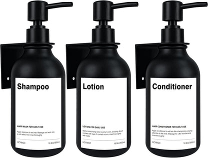 3 Pack Wall Mount Shower Dispenser, No Drill, 16 Waterproof Labels | Shampoo Dispenser for Shower Wall, Shampoo and Conditioner Dispenser, Bathroom, 17oz, Gold Amber
