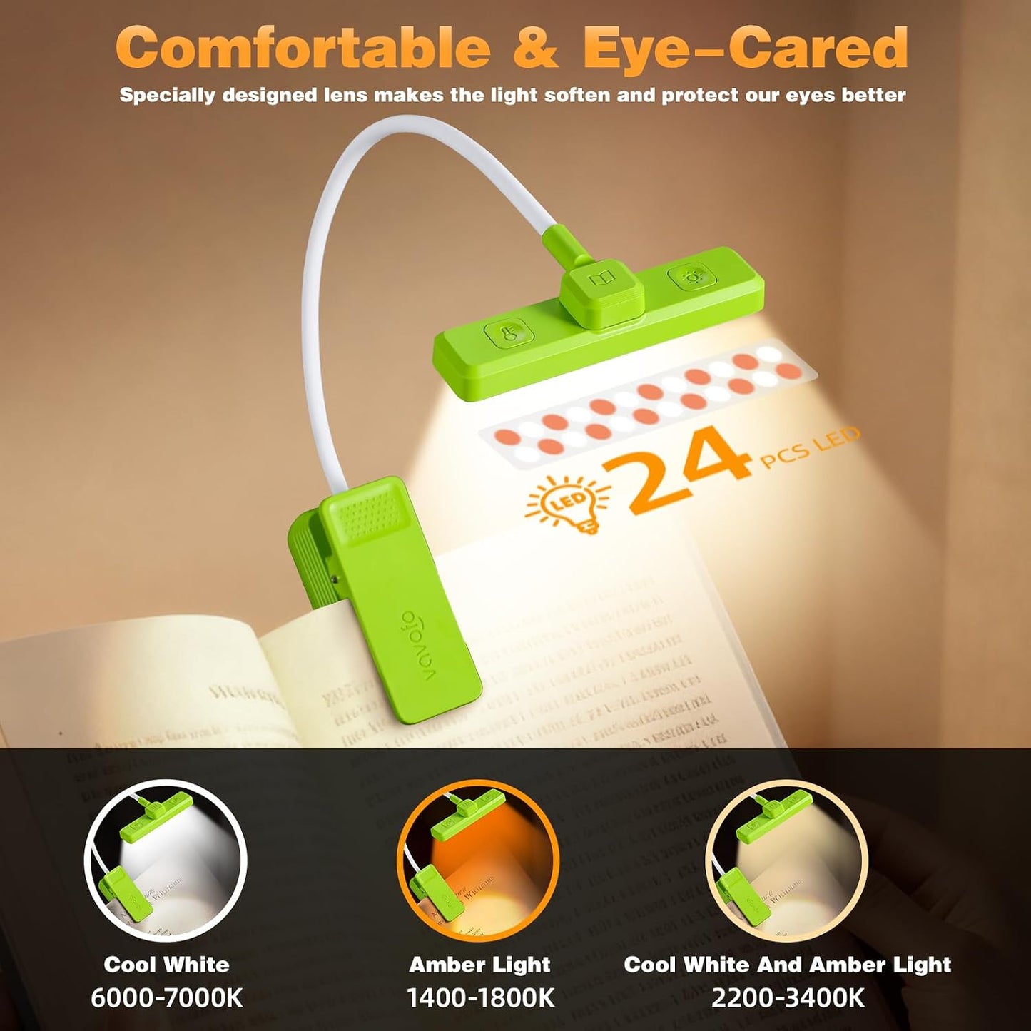 VAVOFO Rechargeable Book Light Rotatable：24 LEDs Reading Light, 3-Color & 9-Brightness Book Lamp, Eye Cared 120Hrs Runtime Lightweight Clip on Led Light for Book Lovers (Black)