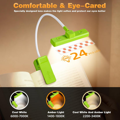 VAVOFO Rechargeable Book Light Rotatable：24 LEDs Reading Light, 3-Color & 9-Brightness Book Lamp, Eye Cared 120Hrs Runtime Lightweight Clip on Led Light for Book Lovers (Black)