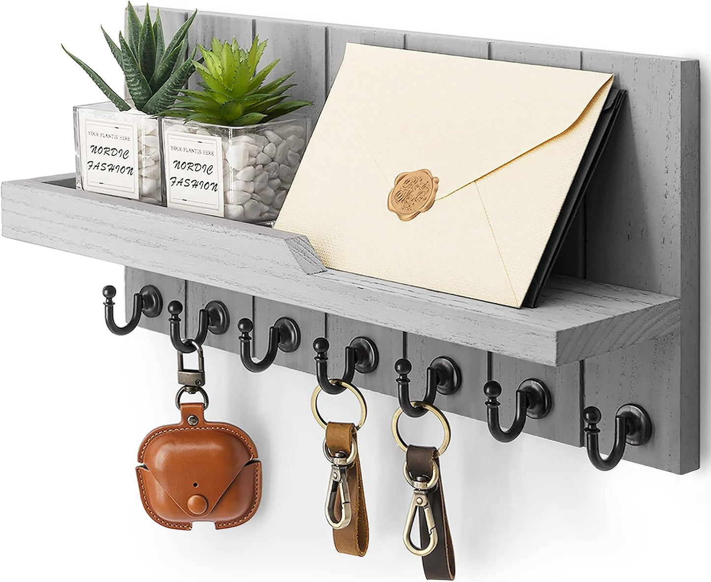 Rebee Vision Key Holder Wall Mount with 5 Key Hooks for Home Decor, Brown | 3.54'' x 10'' x 7.28'', Small Shelf for Display Plant, Key Hangers for Hat, Entryway Space-Saving Storage