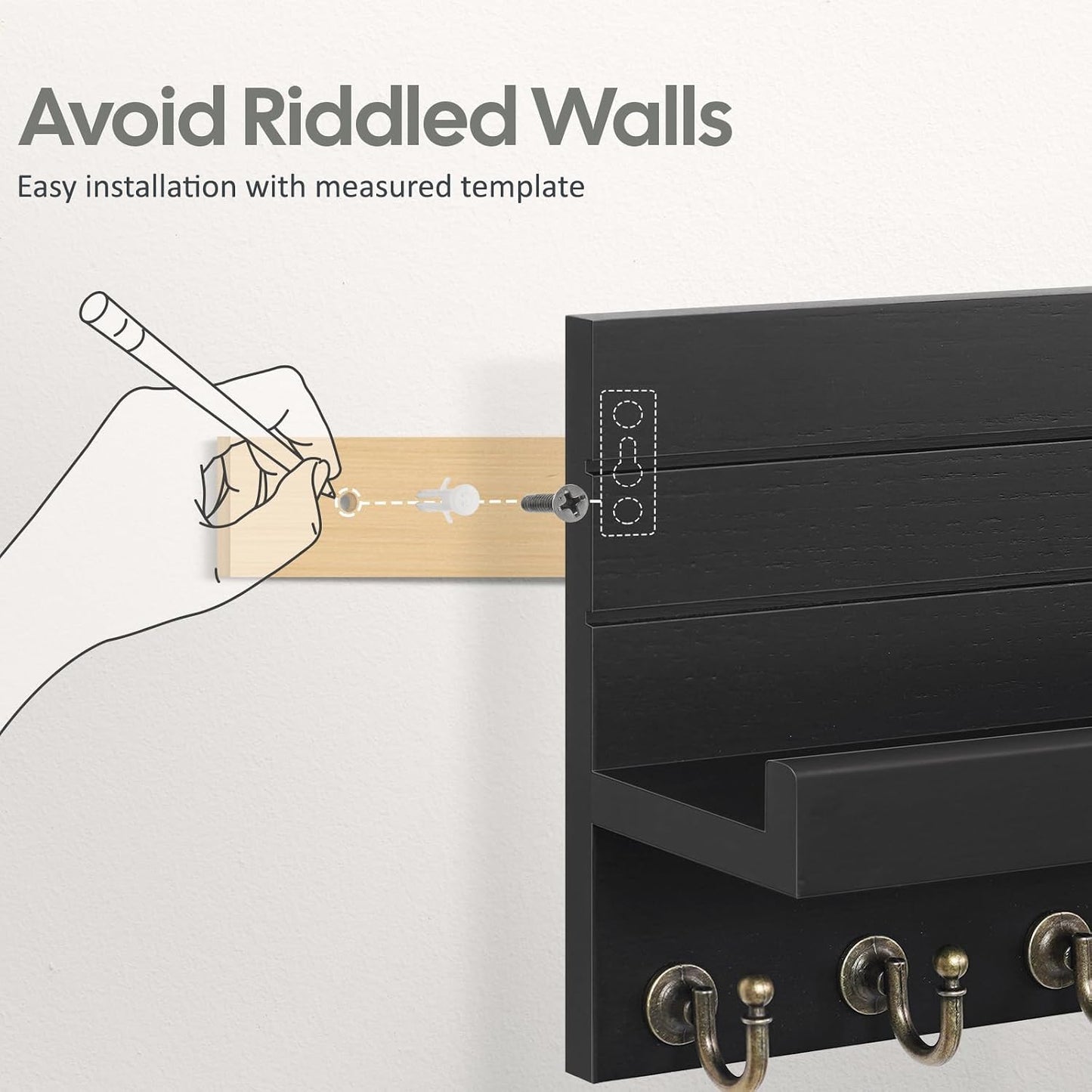 HONJIN Key Holder Wall Mount with Shelf and 5 Sturdy Key Hooks (White) | Key and Mail Holder Wall Mount, Wooden Entryway Organizer and Decorative, Easy Installation, 10*3.8*6.85 Inch