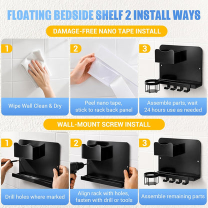 Metal Bedside Wall Shelf, No Drill Floating Bedside Shelf Wall Organizer | Bedside Wall Shelf with Detachable Cup Holder for Bedroom, Dorm, Nightstand Alternative, Bunk Bed Accessories & RV Storage