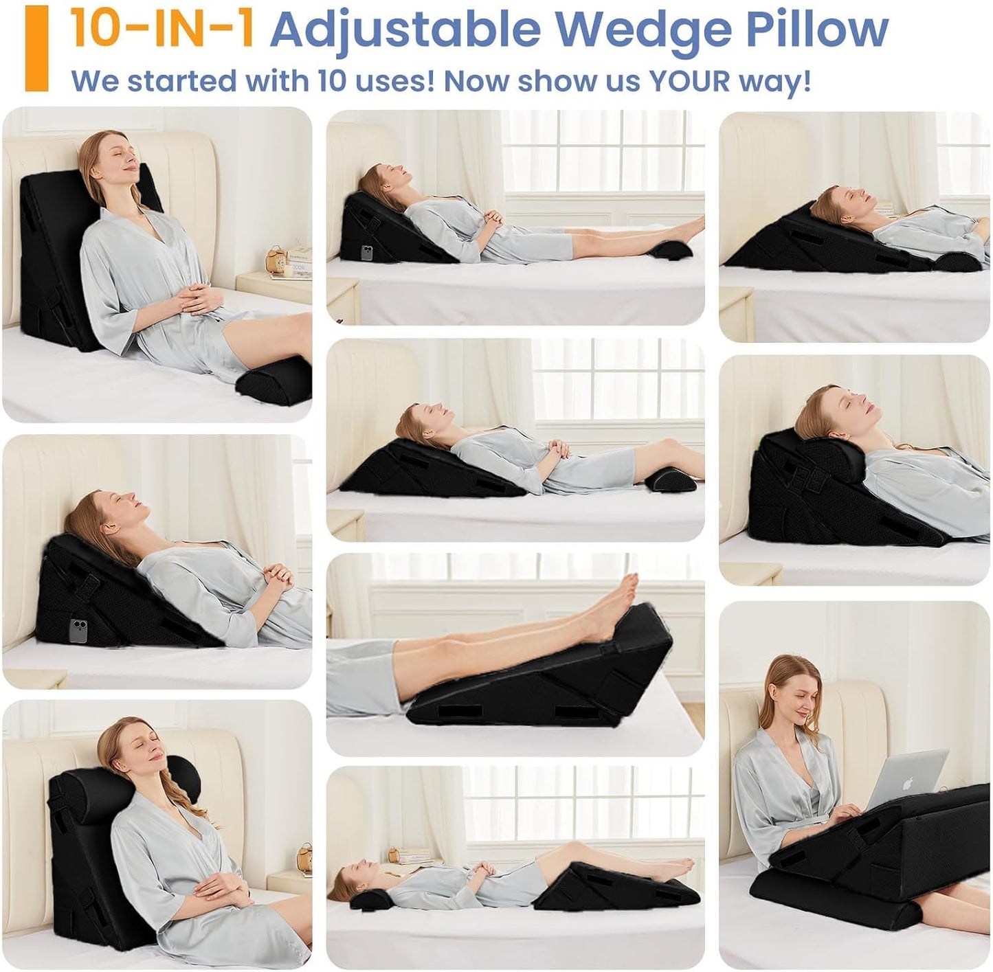 Sasttie Adjustable Wedge Pillow Set for After Surgery, Dark Grey & White | Bed Wedge Pillow Headboard with Memory Foam Neck Cushion, for Acid Reflux, Sleeping, Neck & Back Support