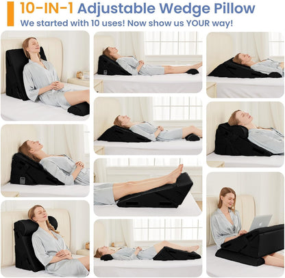 Sasttie Adjustable Wedge Pillow Set for After Surgery, Dark Grey & White | Bed Wedge Pillow Headboard with Memory Foam Neck Cushion, for Acid Reflux, Sleeping, Neck & Back Support