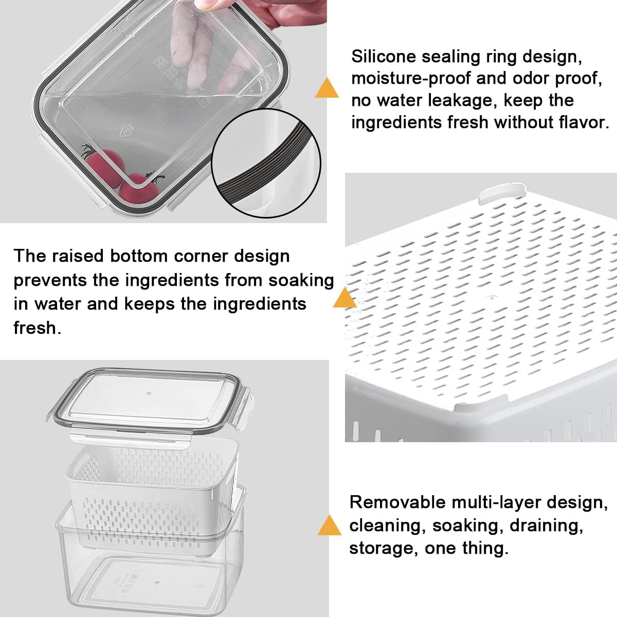 3Pack Fridge Food Storage Container Set with Lids with Strainer, Fruit Vegetable Storage Containers Keep Fruits, Vegetables, Berry, Meat Fresh longer, BPA-Free Plastic Produce Keepers