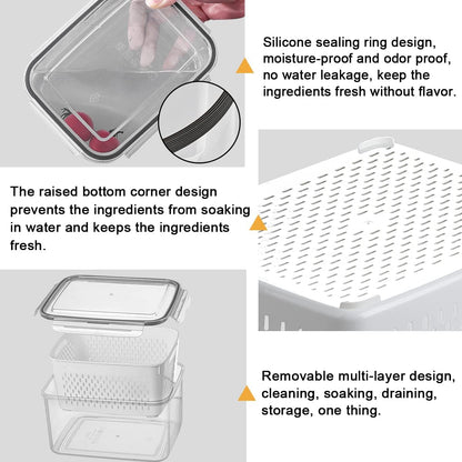3Pack Fridge Food Storage Container Set with Lids with Strainer, Fruit Vegetable Storage Containers Keep Fruits, Vegetables, Berry, Meat Fresh longer, BPA-Free Plastic Produce Keepers