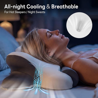 DUMOS 2-in-1 Contoured Neck Pillow, Slow Rebound Cooling Memory Foam with Detachable Round Support Roll, Multi Support Bolster for Neck Waist Ankle, Washable Cover for Side Back Stomach Sleepers White
