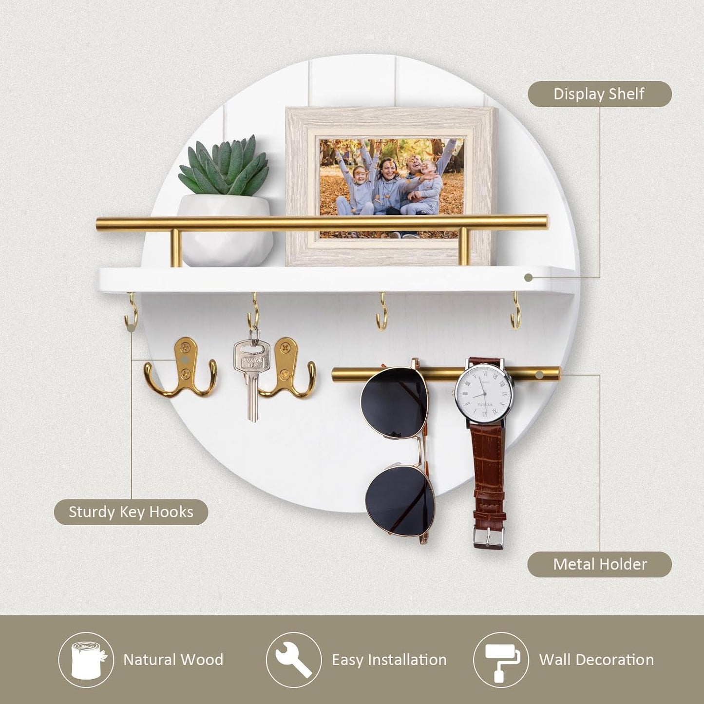 Nekon Key Holder Wall Mount, 11.8” Wood Mail Organizer for Wall, Brown | Round Wall Shelf with 6 Key Hooks, Rustic Key and Mail Holder, Key Hanger for Entryway Hallway Kitchen