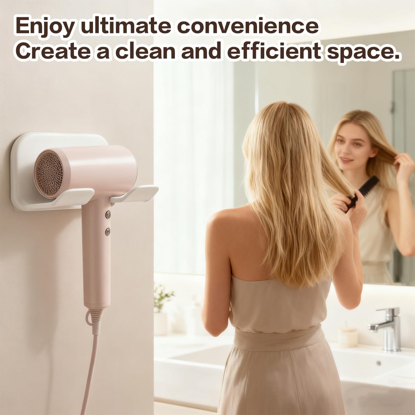 Universal Hair Dryer Holder Wall Mount, Blow Dryer Hanger with Plug Cord Organizer, No Drilling Self Adhesive for Bathroom Cabinet Door Vanity (1PCS, White)