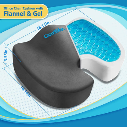 CloudBliss Gel Memory Foam Seat Cushion for Long Sitting, Large, Black | Gel Chair Pad for Tailbone, Coccyx, Sciatica , Soft Suede Cover, Non-Slip , Washable Mesh, for office, home, car