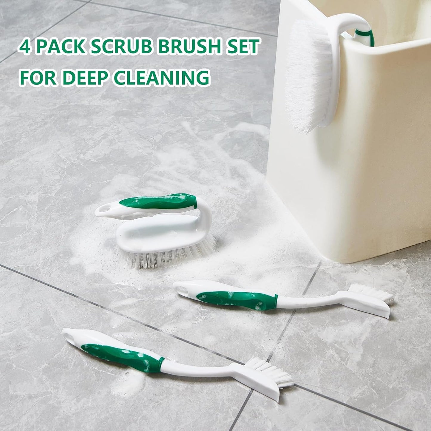 Scrub Brush Set, 4 Pack Deep Cleaning Brush Kit, Green | 2 Scrub Brush, 2 Tile & Grout Brush with Built-in Scraper, Household Commercial Scrubber for Floor, Shower, Pool Wall, Tub