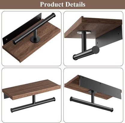 Tindbea Toilet Paper Holder with Wood Shelf, Wooden Wall Mount Tissue Paper Roll Holder, Matte Black Stainless Steel Bathroom Accessories Decor Household Home Apartment Restroom Essentials (Walnut)