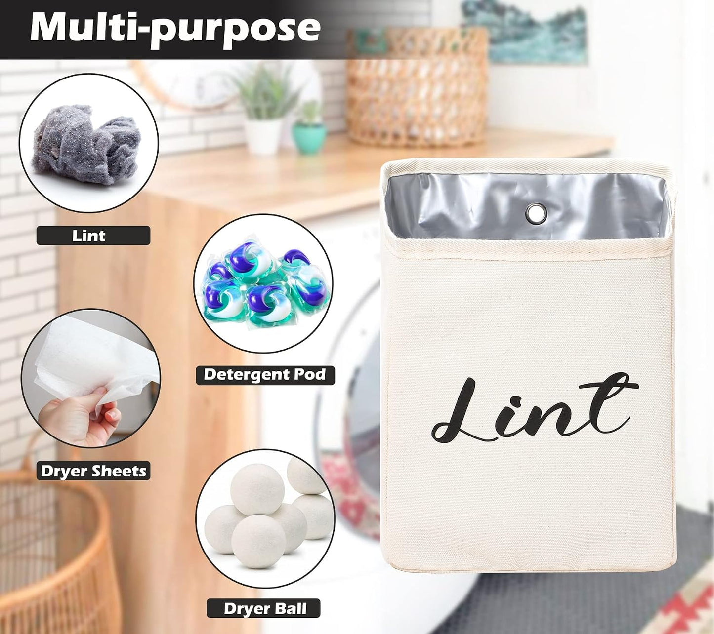 Kamehame Magnetic Lint Bin for Laundry Room Organization and Storage, Cotton Linen Lint Bag, Wall Mount Space Saving Washer Dryer Trash Can Collector