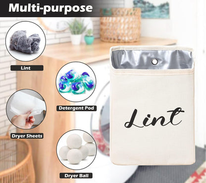 Kamehame Magnetic Lint Bin for Laundry Room Organization and Storage, Cotton Linen Lint Bag, Wall Mount Space Saving Washer Dryer Trash Can Collector