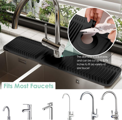 24-Inch Silicone Faucet Mat for Kitchen Sink Splash Guard, 7° Slope | 24"x5.5" water draining mat with fasten button; 1.6-2.75" customizable hole for bathroom, RV & kitchen sink drip catcher.