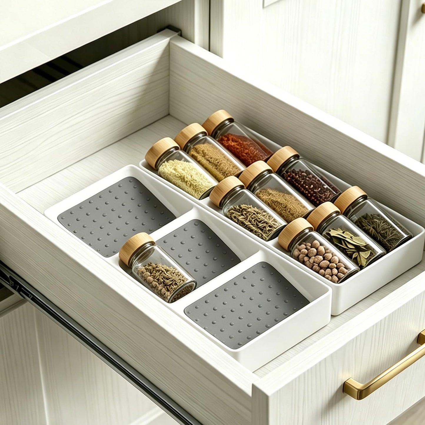 Small spice drawer organizer insert,1 pack,3 layer silicone non-slip mats, L15''xW5.6''xH2'',Kitchen drawers or countertops (jars not included),Expandable spice drawer organizer insert narrow