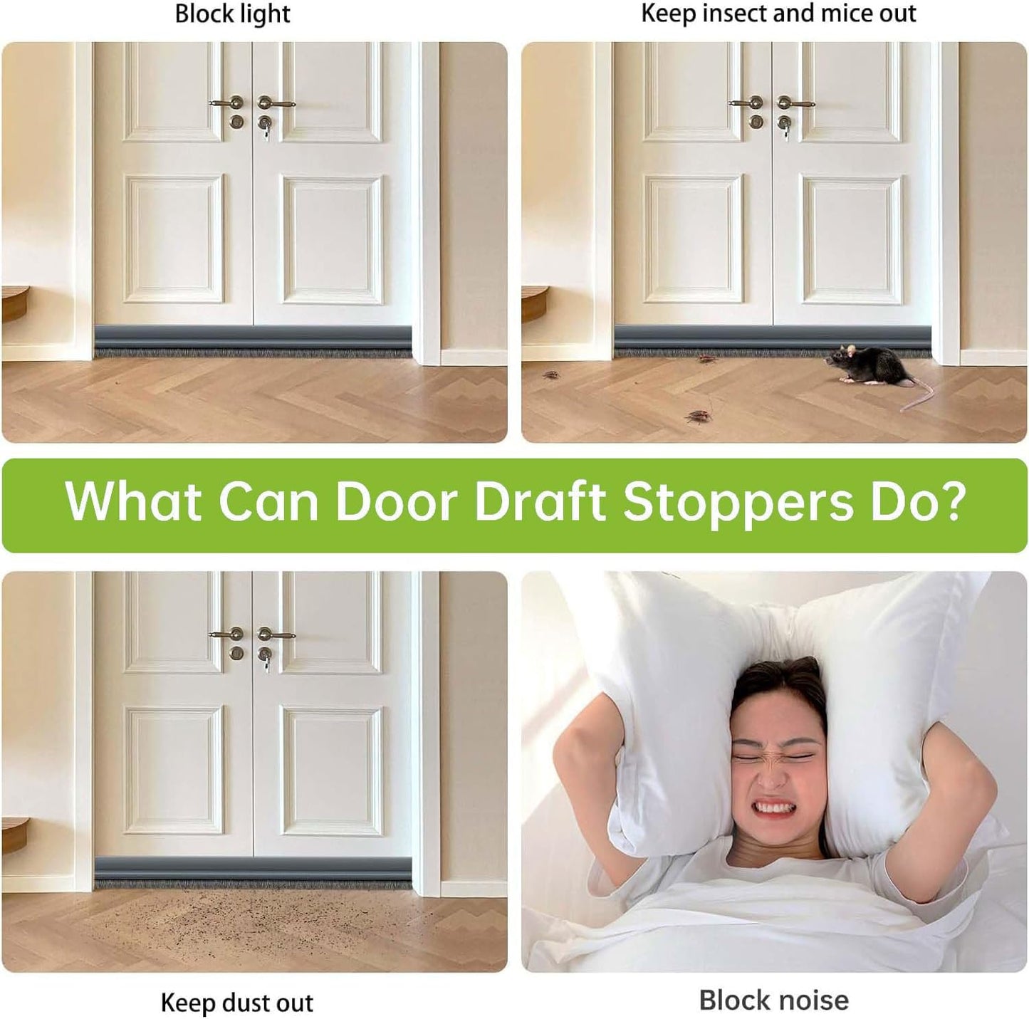2 PCS Brush Door Sweep, Draft Stoppers Bottom, 2" W x 39" L, Black | No Residue, Strong Adhesive Draft Stopper with Brush for Interior Door, Bottom Seal Strip for Protection Against Bug, Dust