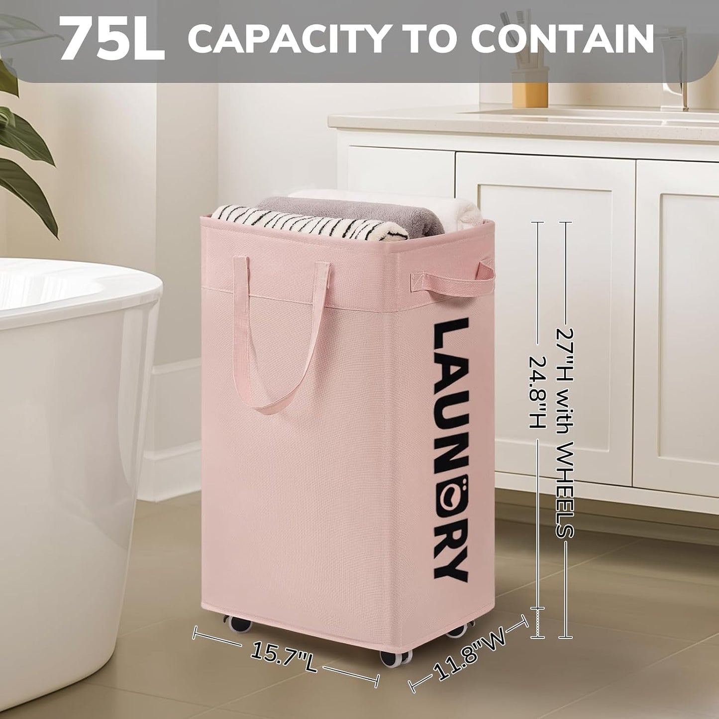 CHICVITA 75L Large Rolling Laundry Basket with Wheels & Wash Bag, Grey | Collapsible design saves space for corner dorms. Removable wash bag for easy laundry transport