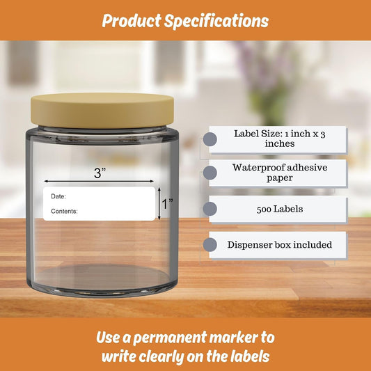 500 Waterproof Freezer Food Labels 1" x 3" Tear-Resistant Vinyl Stickers Writable Adhesive ID Tags in Dispenser Box for Meal Prep, Storage, Restaurant Use