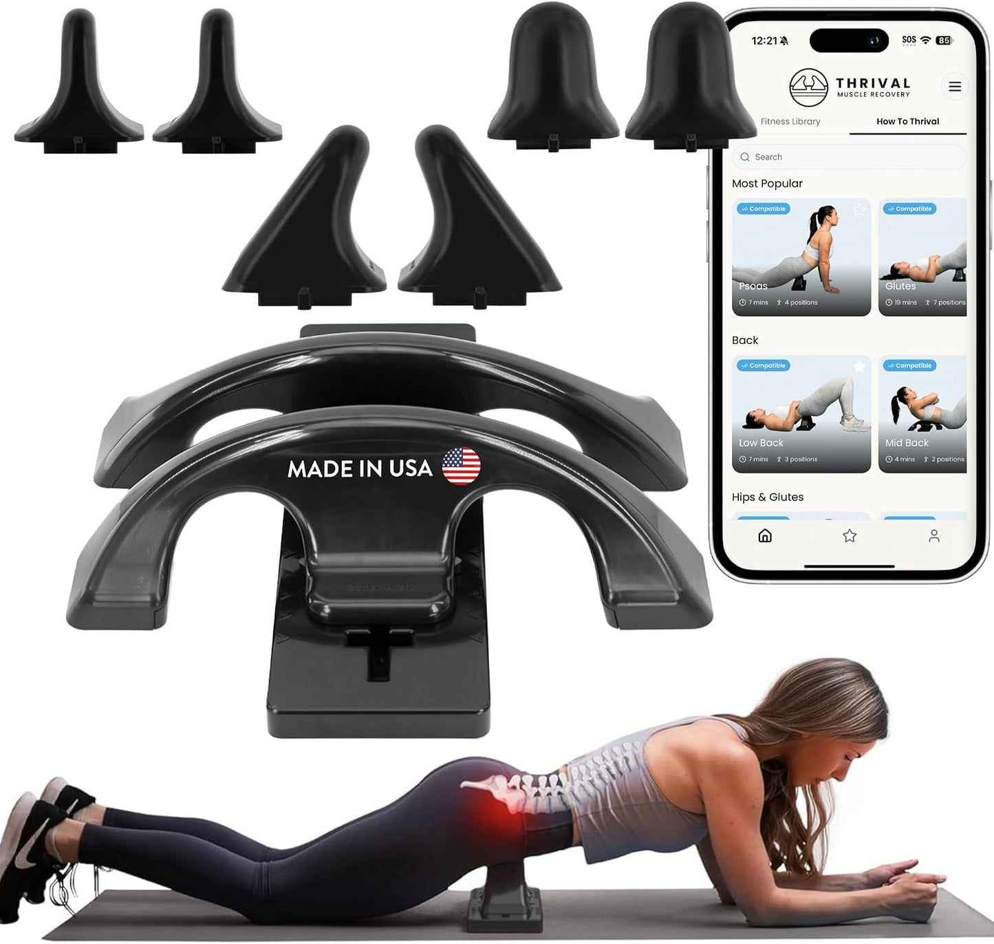 Arch Back Stretcher, Psoas Muscle Release Tool, Carbon Black | Fully Adjustable, Thrival App Compatible, Trigger Point Relief