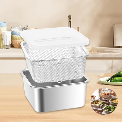 Stainless Steel Food Container with Strainer Colander Set Fridge Organizer Bin Multifunctional Kitchen Drain Basket for Lettuce Fruits, Vegetables, 1500ml