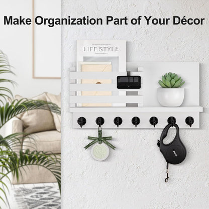 Lwenki Key Holder for Wall – Decorative Wooden Mail Holder and Key Shelf with Mounting Hardware, Installation Guide – Paulownia Wood with Metal Key Hooks (Black, Large - 11.8inch)