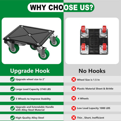 Heavy Duty Furniture Dolly 360 Rotate 5 Wheels 3000 Lbs Capacity 5.3x5.3 in | Furniture Movers with Green Wheels, Measure Tape & Leveler, Alloy Steel Furniture Lifter Tool for Smooth Home & Office Uses