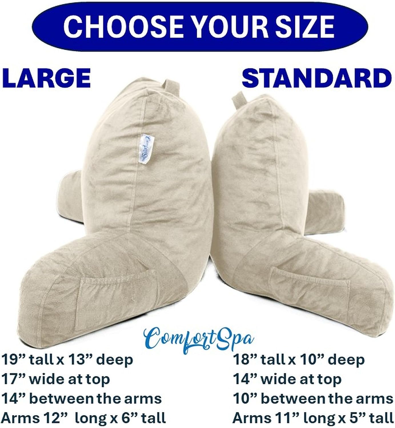 Reading Pillow for Bed with Arms Pockets for Adults, Large Grey | Bed Pillow for Sitting Up for Nursing, Breast Feeding, Bedrest or Relief from GERD or Heartburn; Removable, Washable Cover